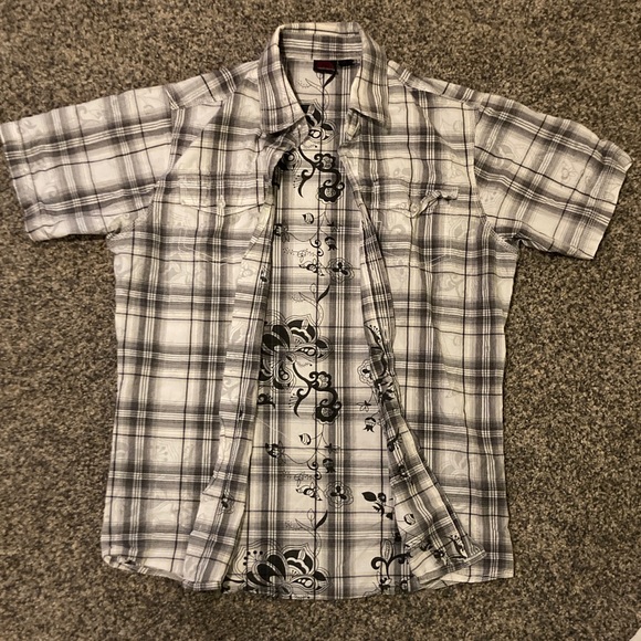 Burnside Men's Black and White Plaid Button Down Shirt - Picture 1 of 8
